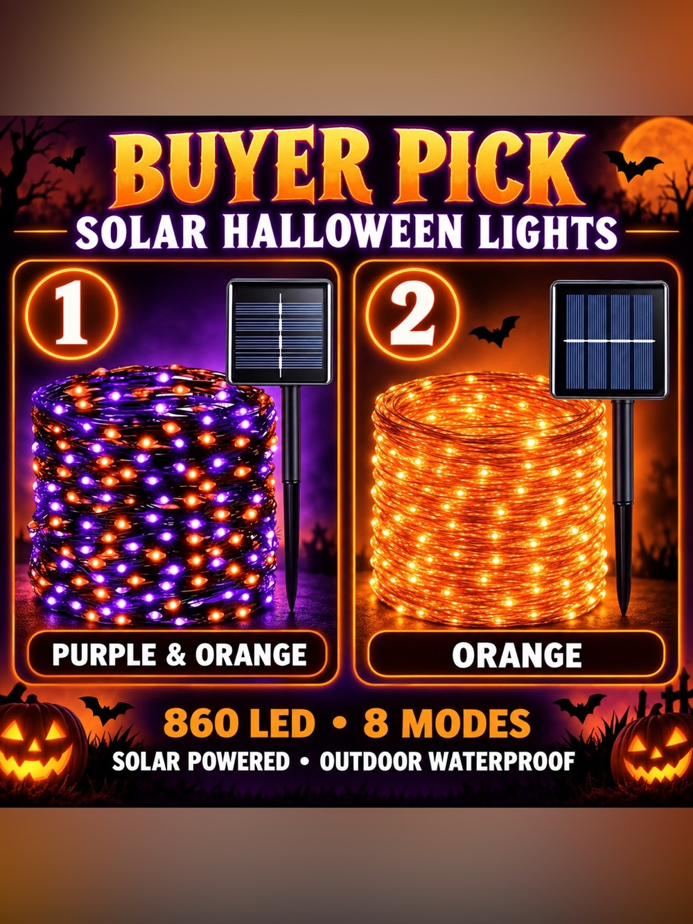 Solar Halloween String Lights - Purple & Orange or Orange (Outdoor, Waterproof)